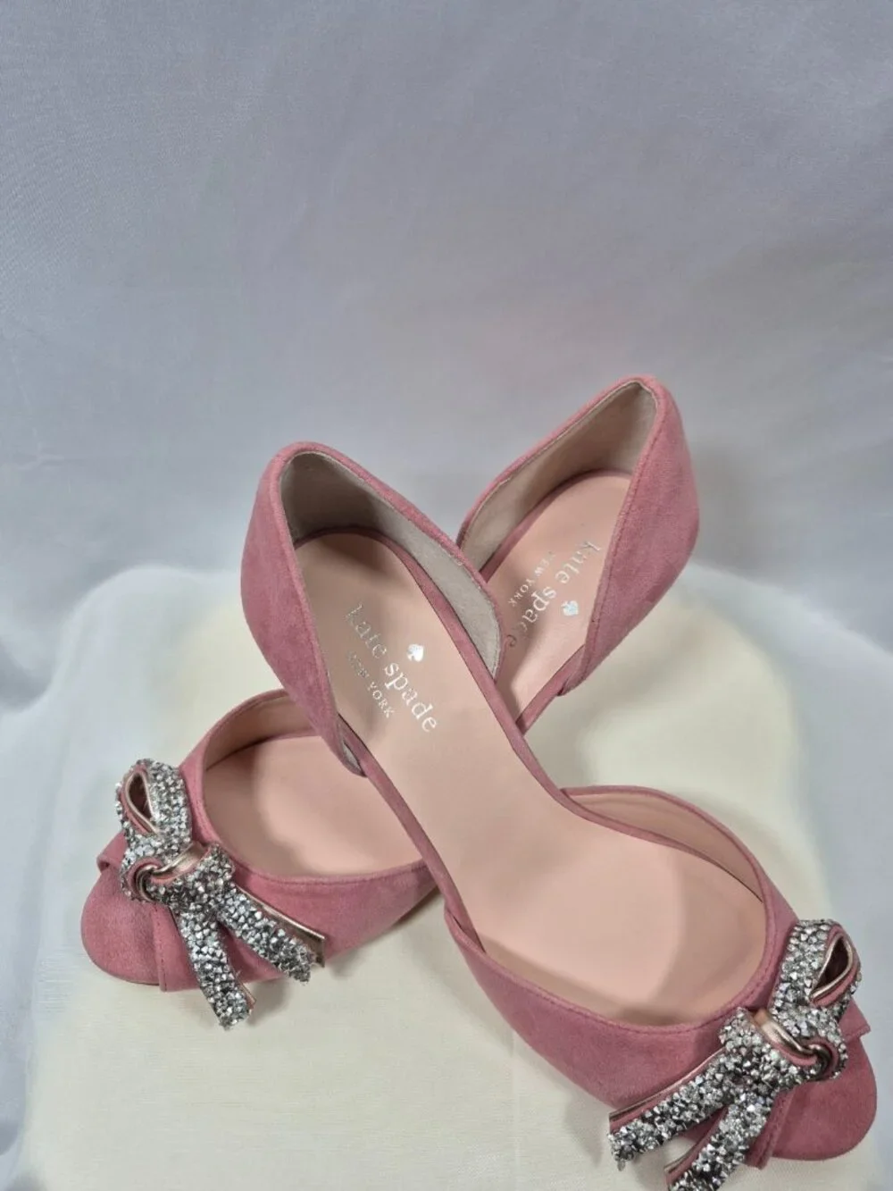Kate Spade Pink Suede Crystal Bow Peep Toe Heels Size 8